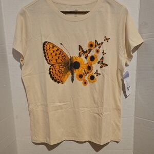 just be Cream Short Sleeve Tee with Orange Butterfly & Sunflower Graphic